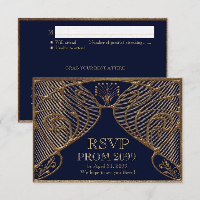 PROM RSVP, Great Gatsby, gold on navy Invitation (Front/Back)