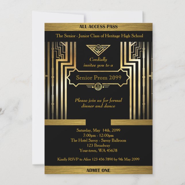 Prom senior, Gatsby style, black & gold, back gold Invitation (Front)