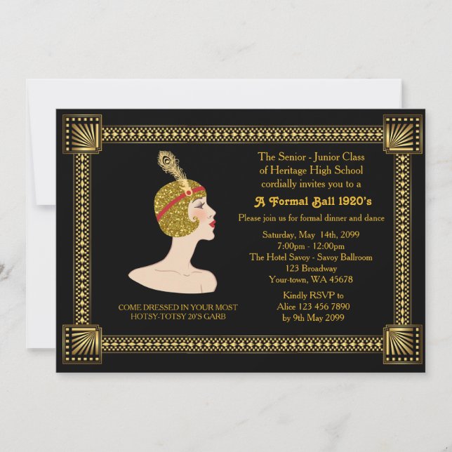Prom senior, Gatsby style, black & gold, monogram Invitation (Front)
