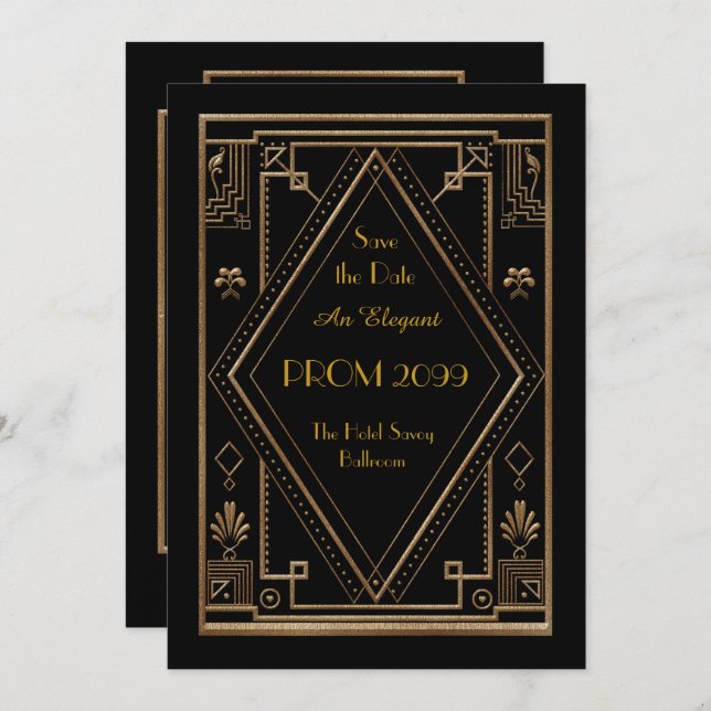 Prom Senior-Junior, Black Gold Geometric, Art Deco Invitation (Front/Back)