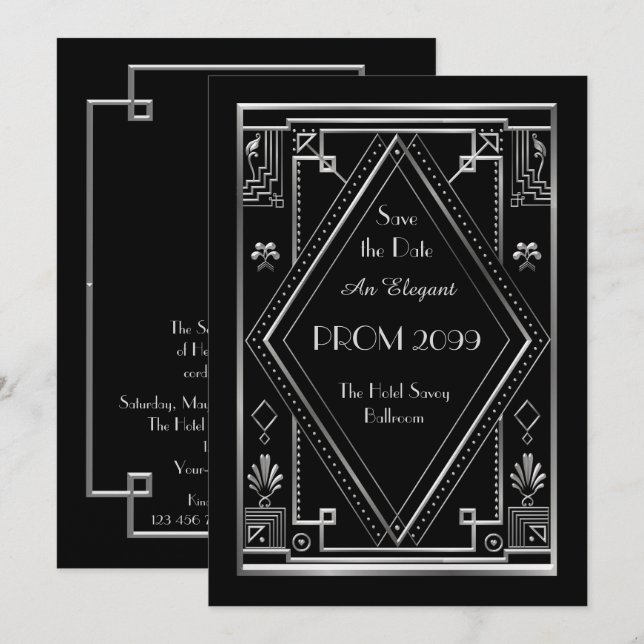 Prom Senior-Junior, Black, Silver, Art Deco Invitation (Front/Back)