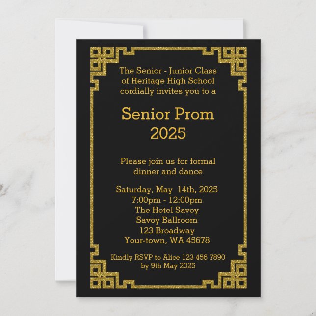 Prom Senior-Junior, Gatsby style, 1920s black gold Invitation (Front)