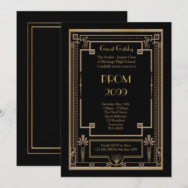 Prom Senior-Junior, Great Gatsby, gold, black Invitation (Front/Back)