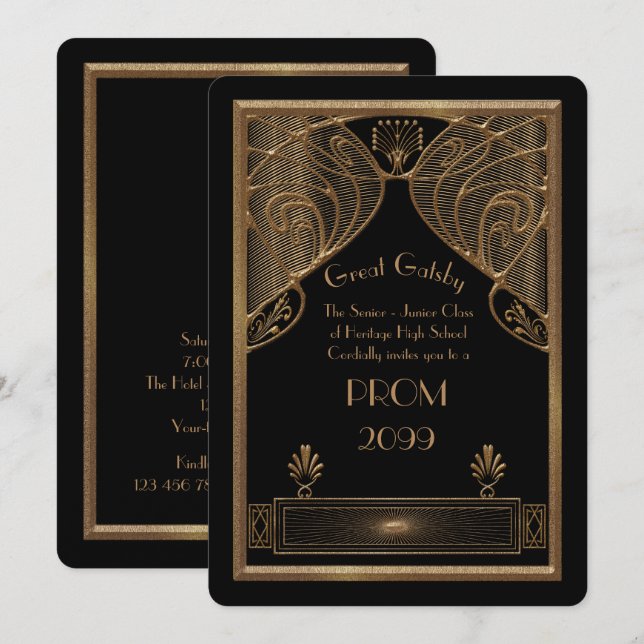 Prom Senior-Junior, Great Gatsby, gold, black Invitation (Front/Back)