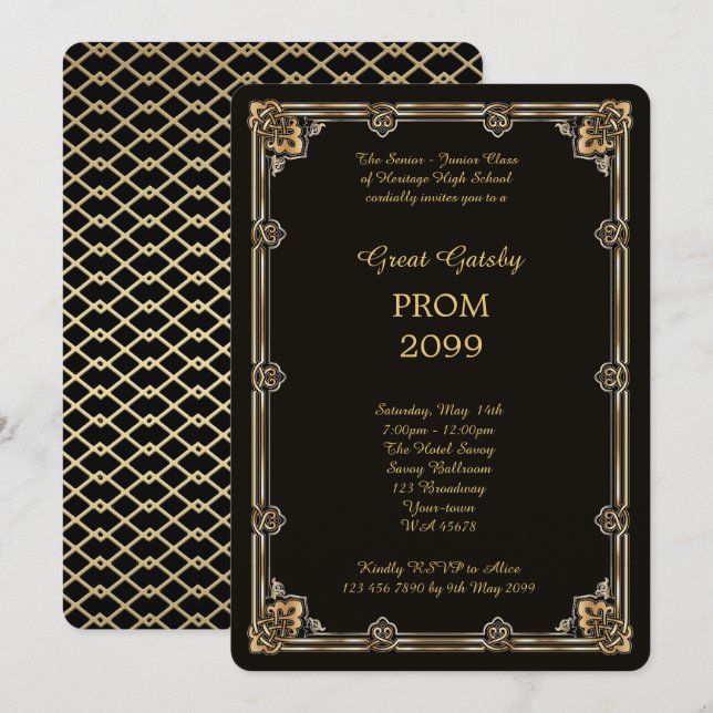 Prom Senior-Junior, Great Gatsby, Gold, Black Invitation (Front/Back)