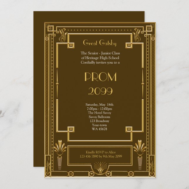 Prom Senior-Junior, Great Gatsby, gold, brown Invitation (Front/Back)