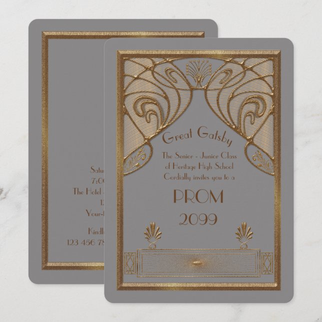 Prom Senior-Junior, Great Gatsby, gold, grey A Invitation (Front/Back)