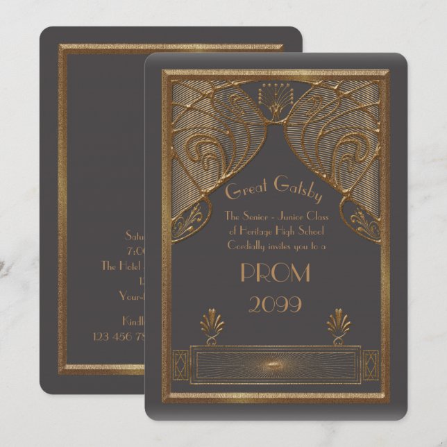 Prom Senior-Junior, Great Gatsby, gold, grey B Invitation (Front/Back)