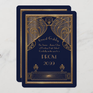 Prom Senior-Junior, Great Gatsby, gold, navy Invitation