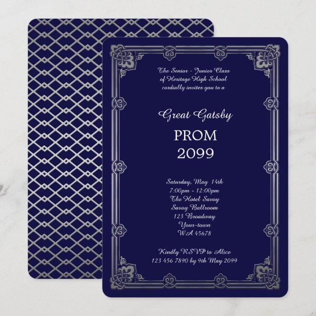 Prom Senior-Junior, Great Gatsby, Silver, Navy Invitation (Front/Back)