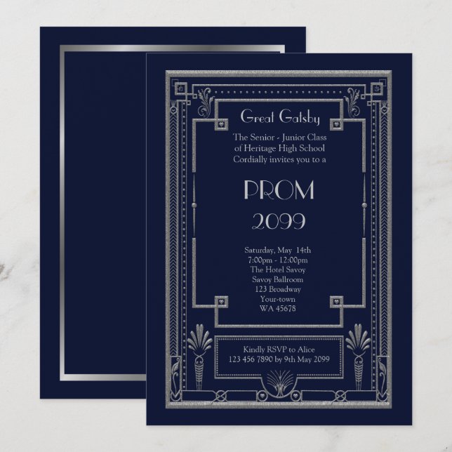 Prom Senior-Junior, Great Gatsby, Silver, Navy Invitation (Front/Back)