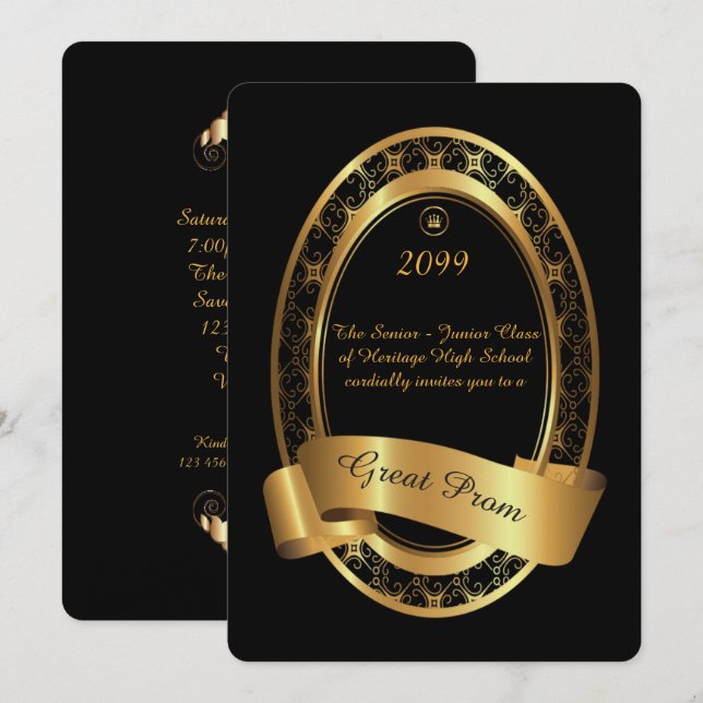 Prom Senior-Junior, Great Prom,elegant black,gold Invitation (Front/Back)