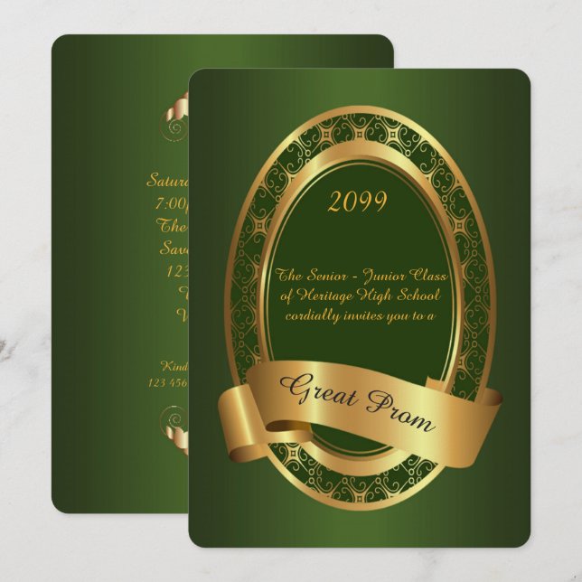 Prom Senior-Junior, Great Prom,emerald green,gold Invitation (Front/Back)