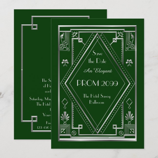 Prom Senior-Junior, Green, Silver, Art Deco Invitation (Front/Back)