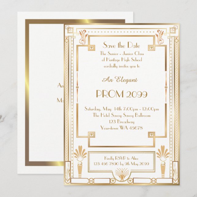 Prom Senior-Junior, White Gold Geometric, Art Deco Invitation (Front/Back)