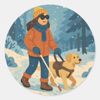 Promenade d'hiver avec chien guide - Sticker rond