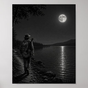 Promeneur au bord du lac au clair de lune Affiche