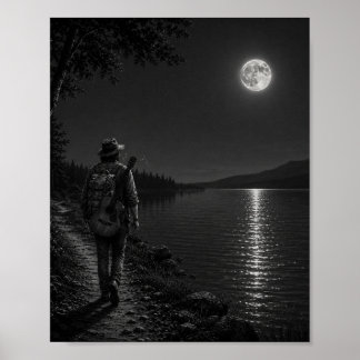 Promeneur au bord du lac au clair de lune Affiche