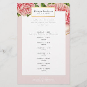 PROMO PRICE SERVICE LIST vintage pink peony floral Flyer