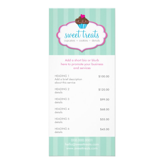 PROMO PRICE SERVICES LIST cupcake bakery mint pink Rack Card (Front)
