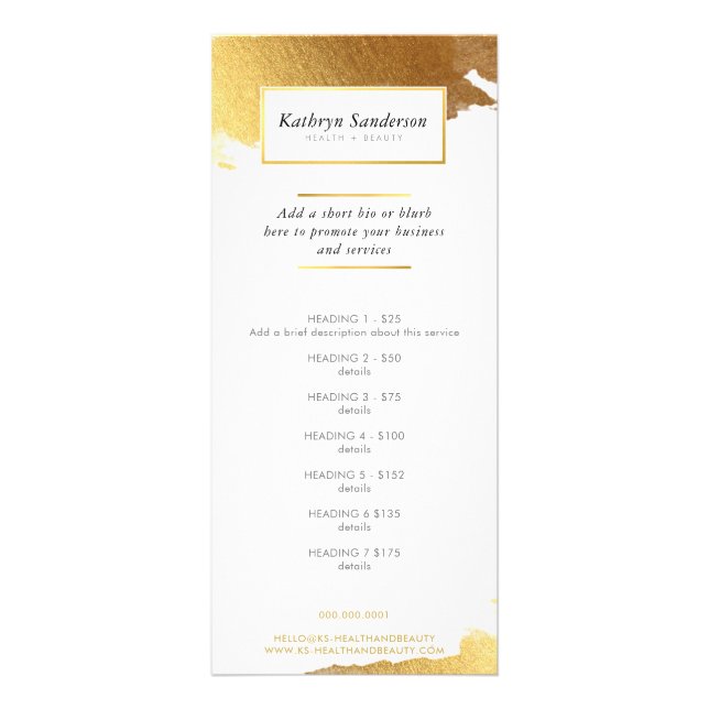 PROMO PRICE SERVICES LIST luxe modern gilded gold Rack Card (Front)