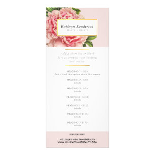 PROMO PRICE SERVICES LIST pink peony flower floral Rack Card