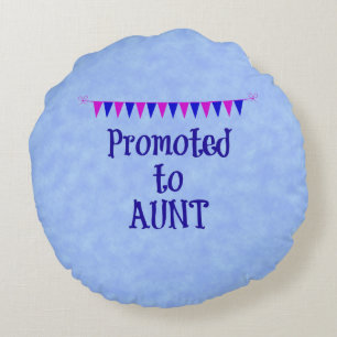 Promoted to Aunt, banner on blue bokeh background Round Pillow