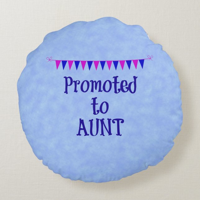 Promoted to Aunt, banner on blue bokeh background Round Pillow (Back)