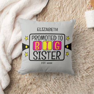 Promoted to big sister name est year pink yellow throw pillow