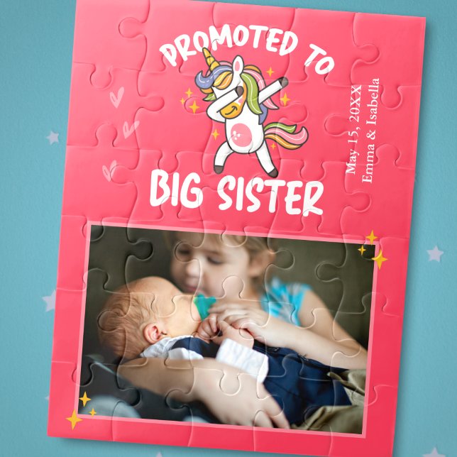 Promoted to Big Sister Unicorn Photo and Text Pink Jigsaw Puzzle (Creator Uploaded)
