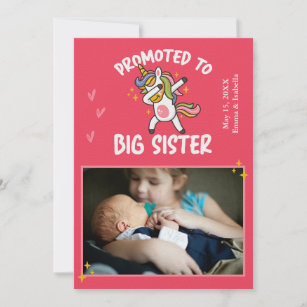 Promoted to Big Sister Unicorn Photo Baby Birth Announcement