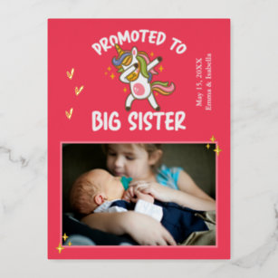 Promoted to Big Sister Unicorn Photo Gold Foil Foil Invitation Postcard