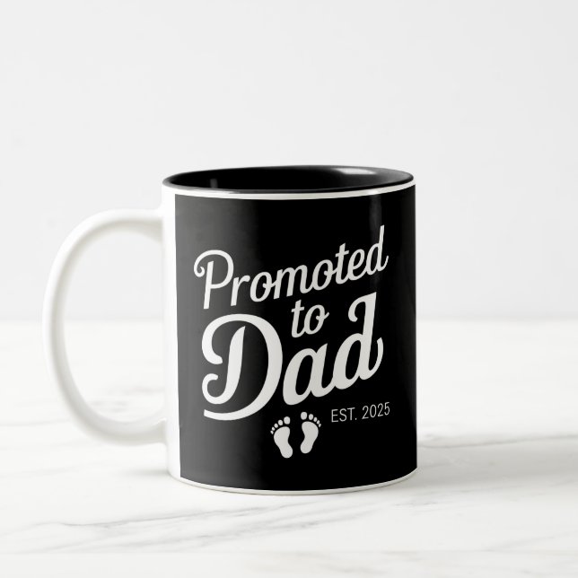 Promoted To Dad EST 2025 Funny Soon To Be Dad Two-Tone Coffee Mug (Left)