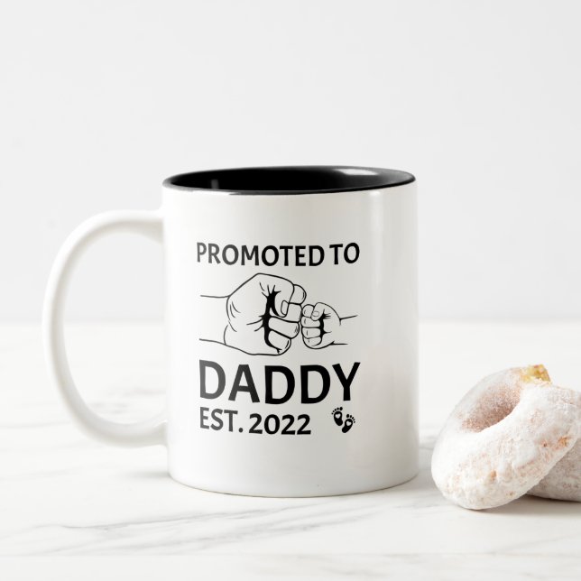 Promoted to daddy est 2022 dad baby fist Two-Tone coffee mug (With Donut)