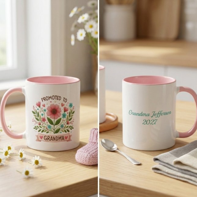Promoted to Grandma Mug - Watercolor Flowers (Grandma to be personalized coffee mug)