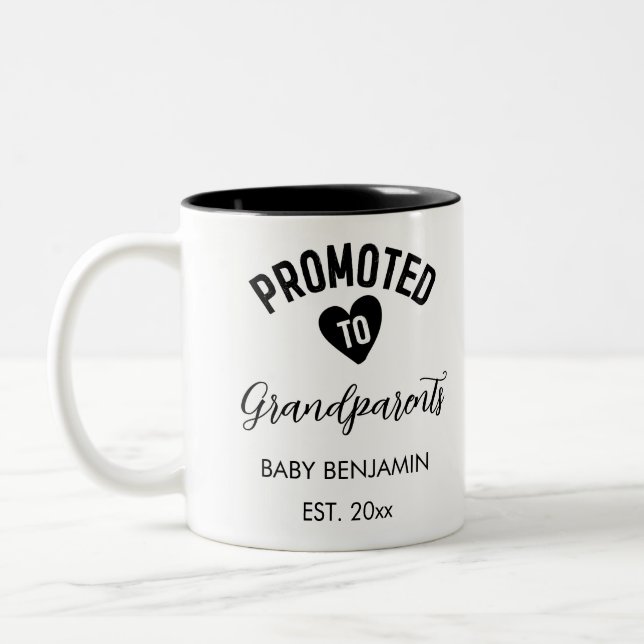 Promoted to Grandparents Personalized Baby Name Two-Tone Coffee Mug (Left)