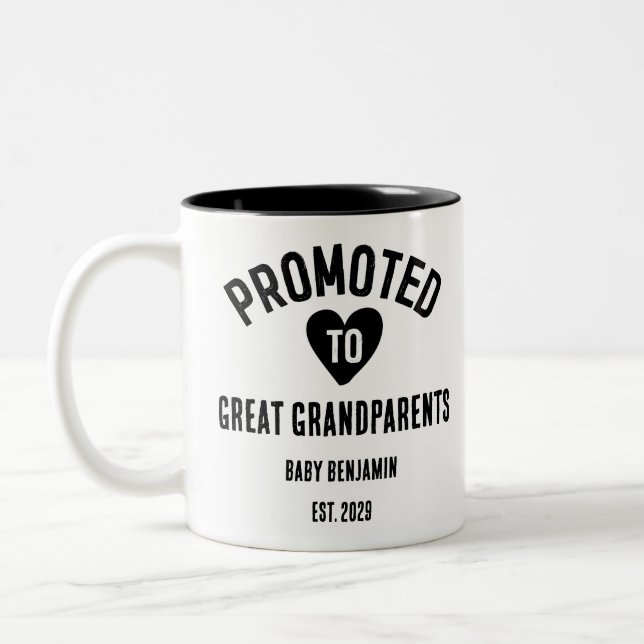 Promoted to Great Grandparents Personalized Name Two-Tone Coffee Mug (Left)