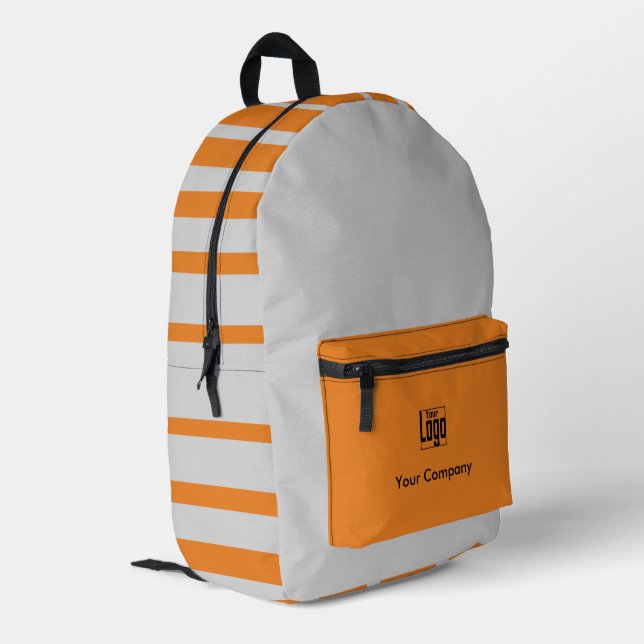 Promotion Company Logo Name Striped Grey Orange Printed Backpack (Back Corner Left)