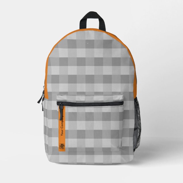 Promotional Pixel Pattern Grey Orange Accents Printed Backpack (Front)