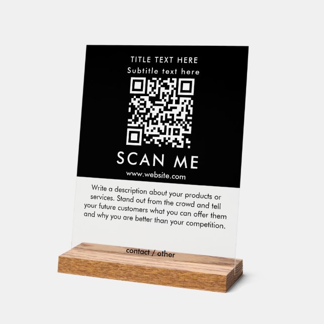 Promotional Scan Me QR Code Black & White Business Acrylic Sign (Angle)