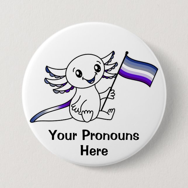 PRONOUNS Cute Axolotl + Butch Lesbian Pride Flag 3 Inch Round Button (Front)
