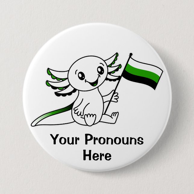 PRONOUNS Cute Axolotl + Neutrois Pride Flag LGBTQ 3 Inch Round Button (Front)