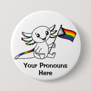 PRONOUNS Cute Axolotl Quasar Rainbow Pride Flag 3 Inch Round Button