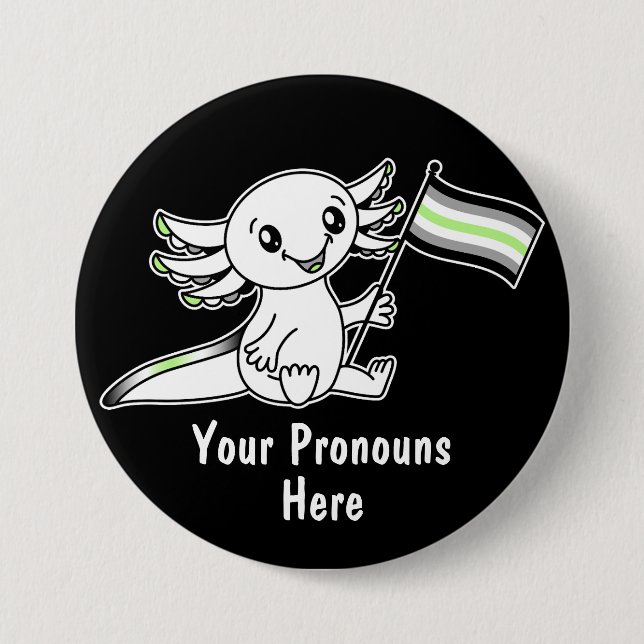 PRONOUNS Cute Axolotl with Agender Pride Flag 3 Inch Round Button (Front)