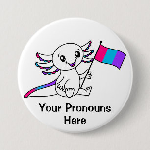 PRONOUNS Cute Axolotl with Androgyne Pride Flag 3 Inch Round Button