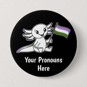PRONOUNS Cute Axolotl with Genderqueer Pride Flag 3 Inch Round Button