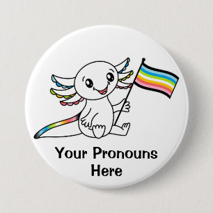 PRONOUNS Cute Axolotl with Queer Pride Flag LGBTQ+ 3 Inch Round Button