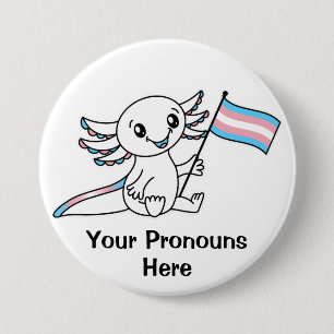 PRONOUNS Cute Axolotl with Trans Pride Flag LGBTQ+ 3 Inch Round Button