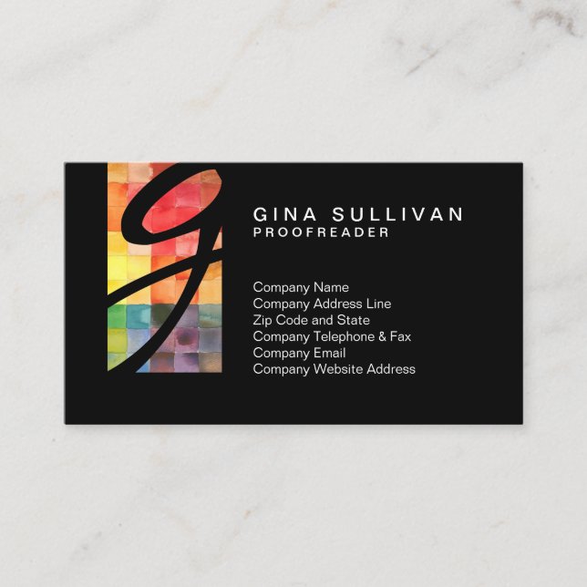 Proofreader Colourful Watercolor Tiles Tab Monogra Business Card (Front)