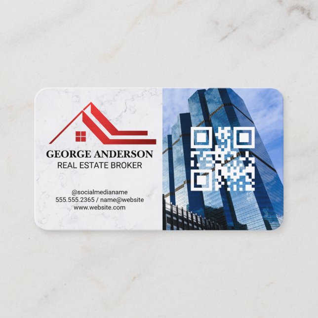 Property Logo | QR Code | Skyscraper Buildings  Business Card (Front)